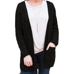 Black Hollow Out Open Front Cardigan with Pockets